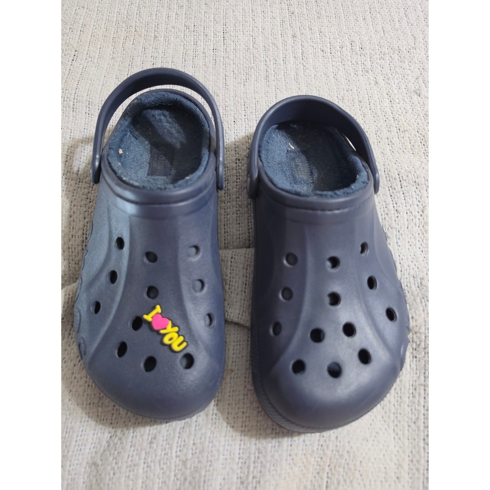 Crocs Classic Lined Clog Navy Blue Fuzzy Fur Slip On M7 W9 With Jibbitz
